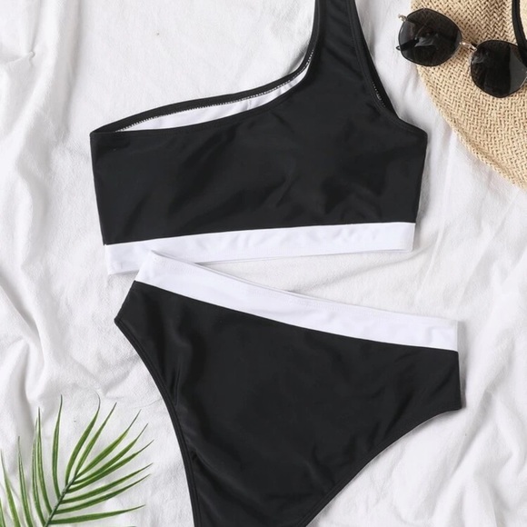 WOMENS contrast trim one shoulder high waisted bikini swimsuit - Picture 3 of 8